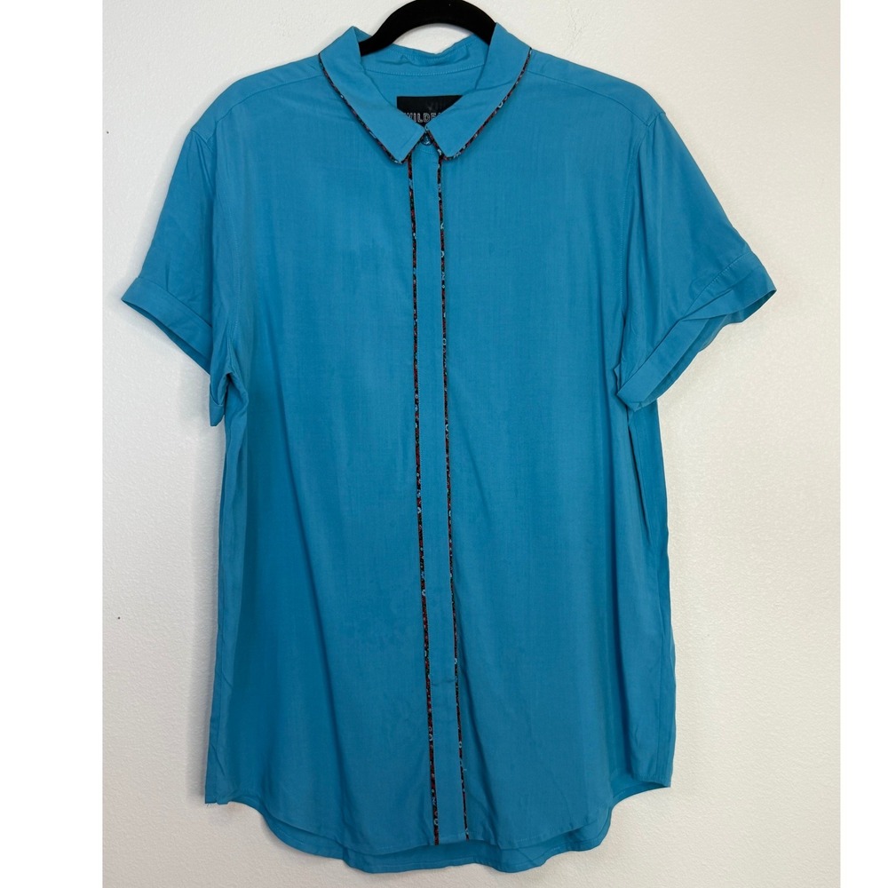 Wildfang The Empower Piped Button Up Shirt Blue Short Sleeve Rayon Medium
